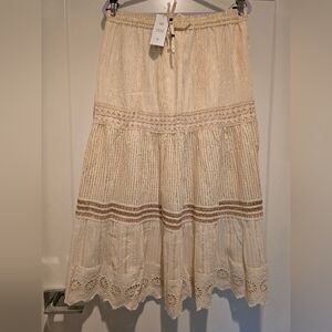 Cream A-Line Midi Skirt with Smocked Tiered Design